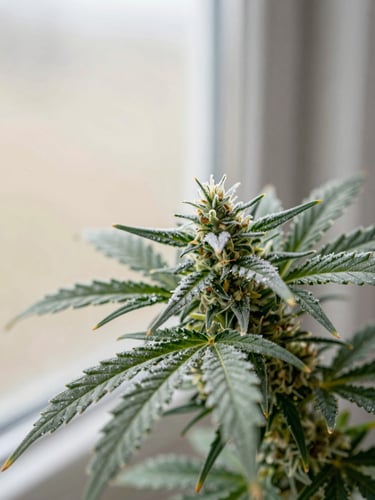 Macro shot of frosty cannabis trichomes on a clean sage leaf, soft natural window light, shallow depth of field