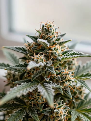 Macro shot of clean, frosty cannabis flower trichomes, soft natural window daylight, muted sage and warm sand tones, shallow depth of field