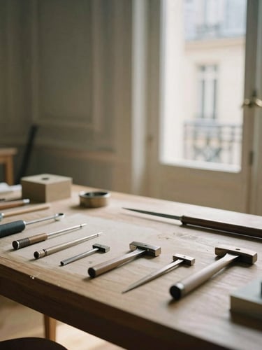 Neat architectural tools laid out precisely on a dust-free wooden workbench inside a classic Parisian apartment, soft daylight
