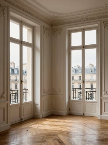Architectural straight-on shot of a classic Parisian apartment interior, natural daylight streaming through tall windows, restored crown moldings, oak herringbone parquet floors, minimalist luxury aesthetic.