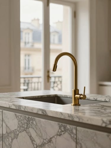 Close-up of a high-end kitchen island made of heavily veined Calacatta marble, brushed brass faucet, soft Parisian daylight from a tall window, warm editorial interior photography, 35mm