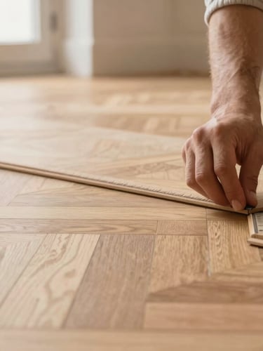 Close-up of a craftsman's hands laying a custom oak parquet floor, aligning the herringbone pattern with millimeter precision, neat tools nearby, soft side lighting.