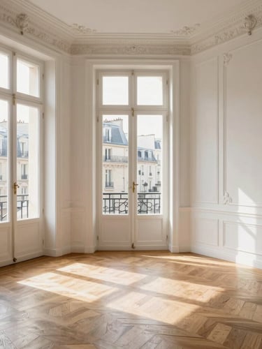 Architectural straight-on shot of a bright Parisian Haussmannian living room, elegant chevron oak parquet meeting clean white plaster walls, soft natural daylight streaming through tall windows, 35mm
