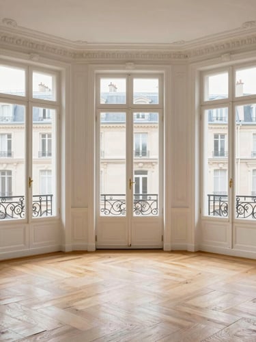 Architectural straight-on shot of a bright Parisian living room with tall windows, pristine white plaster walls, restored historic moldings, and herringbone oak parquet flooring, soft daylight