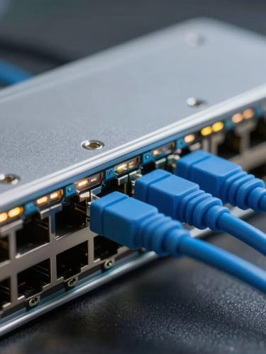 Macro close-up of a high-speed network switch with blue fiber optic cables plugged into structured ports, cool LED lighting, shallow depth of field.