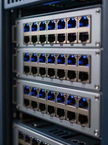 Macro shot of organized blue LED network ports on a server rack, cool ambient lighting, shallow depth of field, sharp focus.