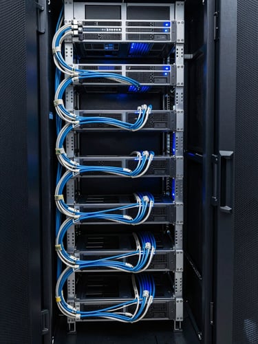 Vertical portrait of a meticulously organized server rack with clean cable management, cool ambient blue LED highlights, tight geometric framing.