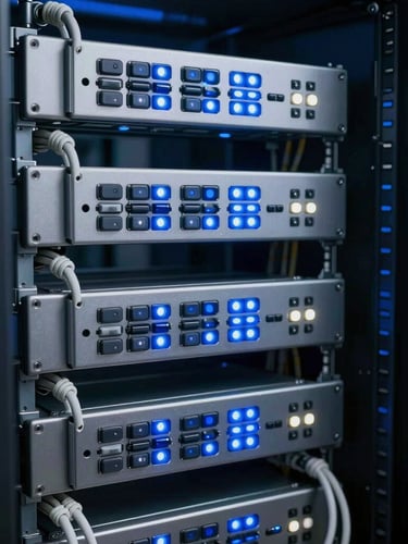 Vertical portrait of clean cable management in a server cabinet, blue and white status lights, geometric alignment.
