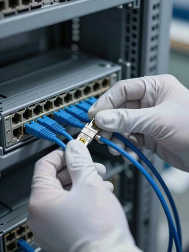 Close-up of a network engineer's hands wearing static-safe gloves, precisely routing a blue fiber optic patch cable into a clean rack panel, low-key technical lighting.