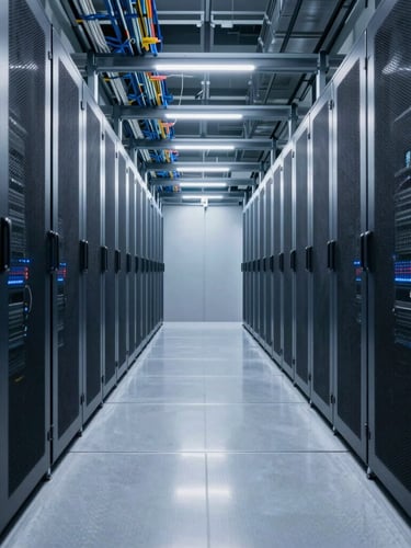 Wide angle shot of a pristine, modern server room corridor, cool blue and white LED highlights, reflective metallic floor, structured cable trays overhead, absolute order.