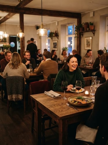 Warm editorial photography of a cozy Scandinavian-style restaurant dining room at dusk, warm interior glow from low pendant lights, rustic wooden tables, soft shadows, 35mm style