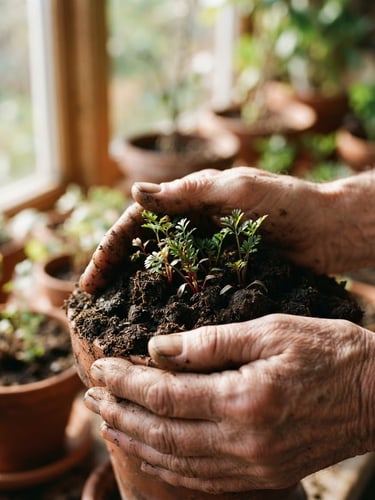 Close-up of weathered hands holding dark rich soil with heirloom carrot sprouts, soft morning window light, shallow depth of field, 35mm