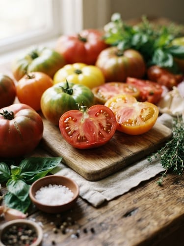 Close-up of vibrant heirloom tomatoes and raw ingredients on a rustic wooden table, soft morning window light, shallow depth of field, 35mm