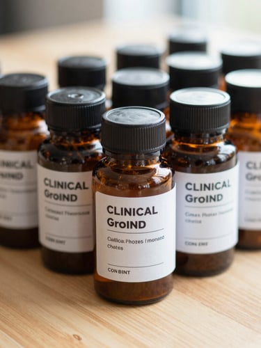 Close-up of clinical-grade amber supplement bottles arranged neatly on a light wood surface under diffused natural daylight.