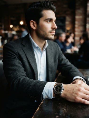 Homem bem-vestido em um café urbano, iluminação natural suave, foco em um detalhe de relógio ou punho de camisa, enquadramento candid, olhando para fora da câmera, estilo GQ.