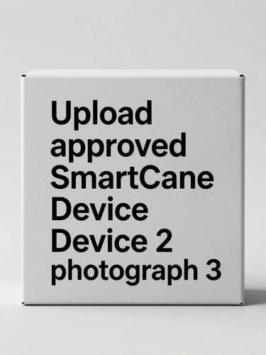 A neutral gray studio placeholder box with high-contrast text reading 'Upload approved SmartCane Device 2 photograph' in clean sans-serif typography, sharp focus, high-key lighting.