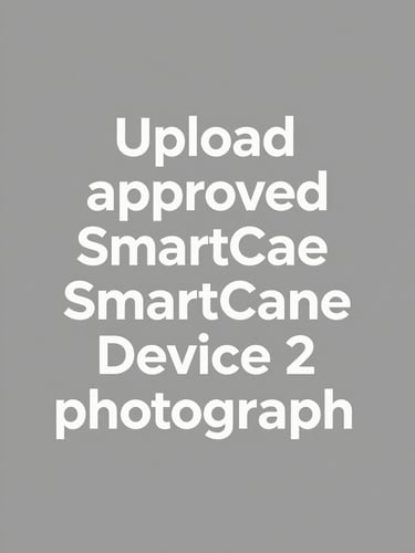 High-contrast neutral gray placeholder graphic with clear text reading 'Upload approved SmartCane Device 2 photograph' in bold white sans-serif letters, centered composition, high-key studio lighting.