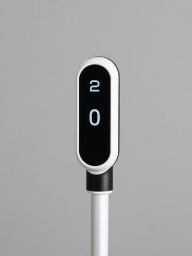 Upload approved SmartCane Device 2 photograph showing a close-up of the device mounted on a white cane, high-contrast studio lighting.