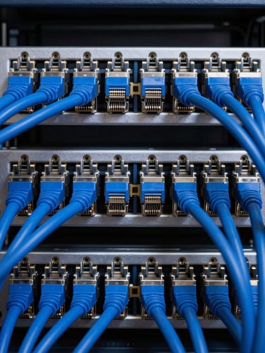 Symmetrical close-up of a perfectly combed server rack with royal blue Ethernet cables, sharp technical lighting, deep slate background.