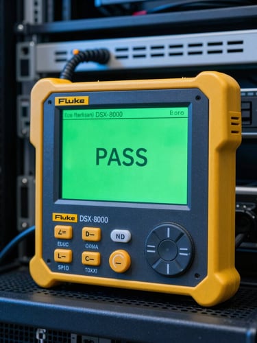 A Fluke DSX-8000 cable analyzer screen displaying a bright green PASS result inside a clean server room, technical lighting.