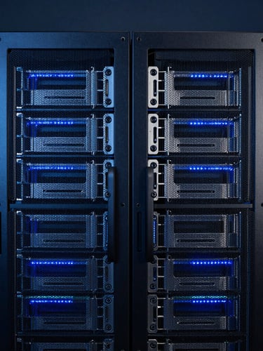 Symmetrical straight-on macro photograph of a perfectly combed server rack, clean blue and white LED highlights, deep slate background, sharp technical details.
