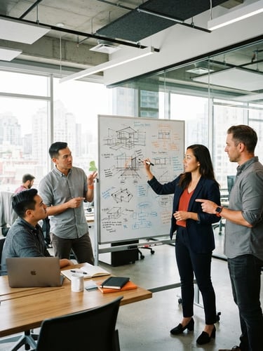 Wide shot of a modern, bright collaborative workspace, natural daylight, hands sketching on a whiteboard, architectural details of the office, high-contrast. Focus on team members actively engaged in discussion.