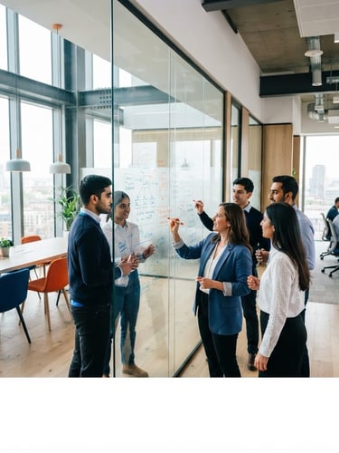 Wide shot of a modern, bright collaborative workspace with clean lines, natural light, and a team sketching on a whiteboard, crisp corporate blue and sharp orange accents, high-contrast, 35mm.