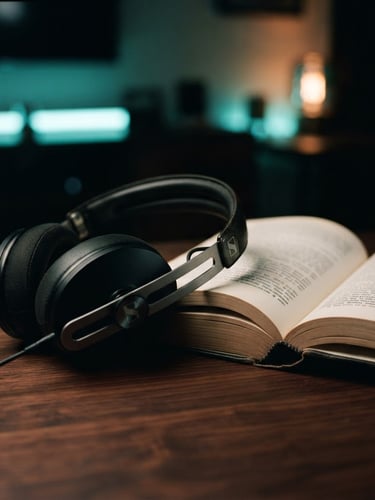 Minimalist digital photography, a close-up of sleek headphones resting on a dark wooden table next to an open book, soft teal and amber neon highlights, 35mm