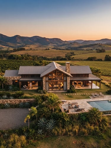 Wide shot of a luxurious modern farmhouse in Minas Gerais at golden hour, architectural details, expansive agricultural land, clear sky, 35mm, editorial photography.