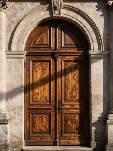 Classic architectural detail of a heavy oak library door with carved stone archway, soft directional late afternoon sun casting long dramatic shadows