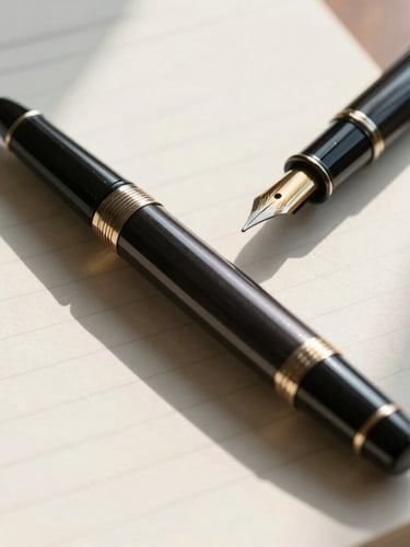 A close-up of a classic fountain pen resting on a heavy cotton ledger, soft afternoon light casting long shadows across the textured paper.