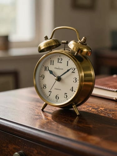 A close-up of a vintage brass desk clock and a leather-bound ledger on a dark mahogany table, warm directional afternoon light, soft focus background.