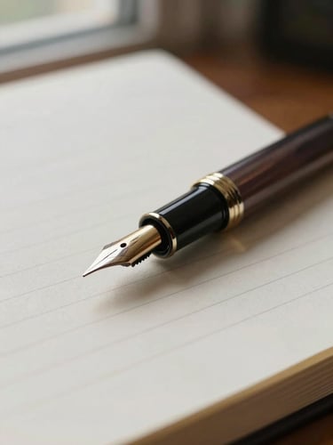 Close-up of a vintage fountain pen resting on heavy cotton paper ledger, soft window light, shallow depth of field.