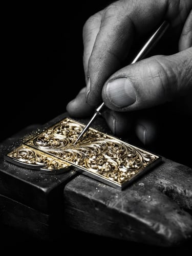 High-contrast black-and-white macro photograph of a master artisan hand-carving intricate gold filigree, sharp gold reflections shining through, dramatic directional studio lighting, deep obsidian background, 85mm lens