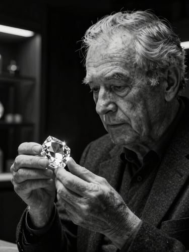 High-contrast black-and-white portrait of an elderly master craftsman studying a raw diamond, dramatic directional spotlight casting deep shadows, sharp specular highlights, luxury showroom background, 85mm lens