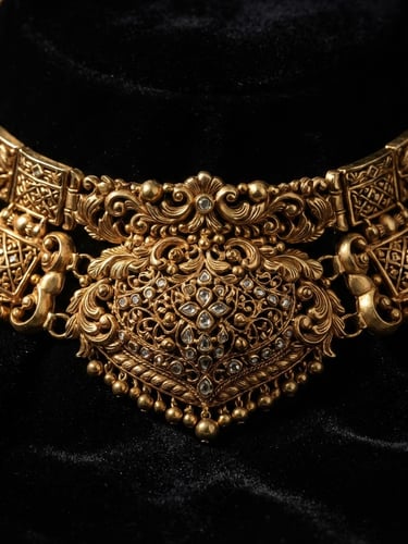 Macro close-up of heavy hand-carved 22k gold bridal choker, deep shadows, dramatic studio lighting on intricate filigree, gold reflections on black velvet