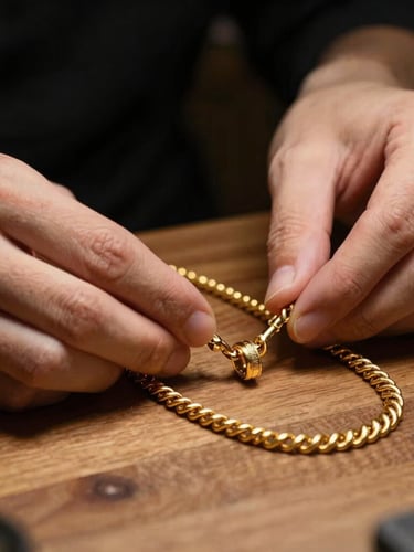 Hands of an artisan carefully polishing a heavy gold necklace on a wooden workbench, warm golden light, dark background
