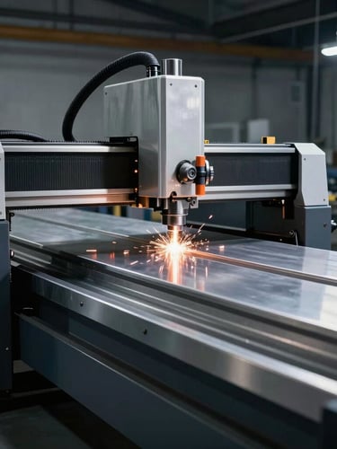 A clean, modern CNC metal fabrication workshop, dramatic side-lighting, cold metallic silver and deep charcoal tones, sparks flying from a laser cutter in the distance, sharp focus, 35mm