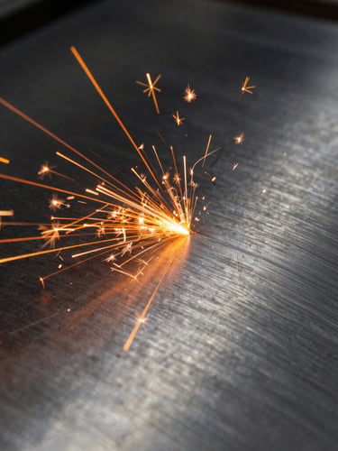 Macro shot of brushed steel texture with intense orange laser cutting sparks, dramatic side-lighting, industrial architectural photography, 35mm