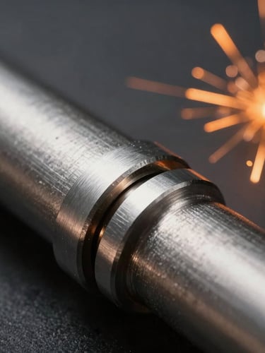 Macro close-up of brushed steel joint with clean industrial side-lighting, orange laser cut sparks in background, architectural precision, 35mm