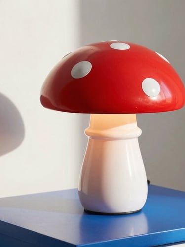 A close-up of a vibrant red mushroom lamp glowing on a bright cobalt blue side table, direct sunlight creating a sharp shadow on the wall