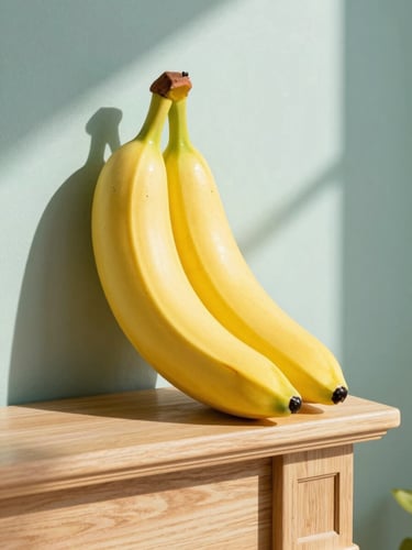 A giant ceramic banana sculpture sitting proudly on a stylish wooden mantelpiece, bright direct sunlight casting sharp playful shadows on a colorful wall