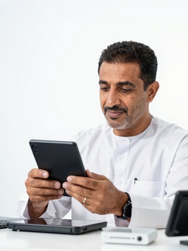 Close-up of a local Egyptian merchant carefully inspecting electronics products, bright studio lighting, clean white background, emphasizing quality control and authenticity.