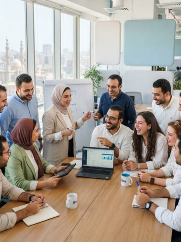 Portrait of 11soq's local Cairo operations team, diverse members collaborating in a bright, modern office, natural Egyptian daylight, eye-level framing.