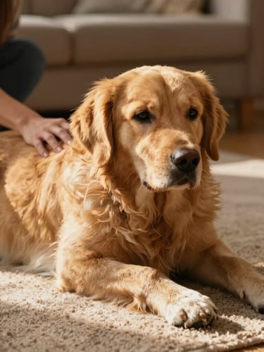 A calm golden retriever resting on a soft rug in a sunlit living room, a foster parent's hand gently resting on its shoulder, warm golden hour light.