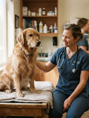 Warm documentary photograph of a recovered golden retriever sitting calmly beside a veterinarian in a sunlit clinic, eye-level framing, shallow depth of field.