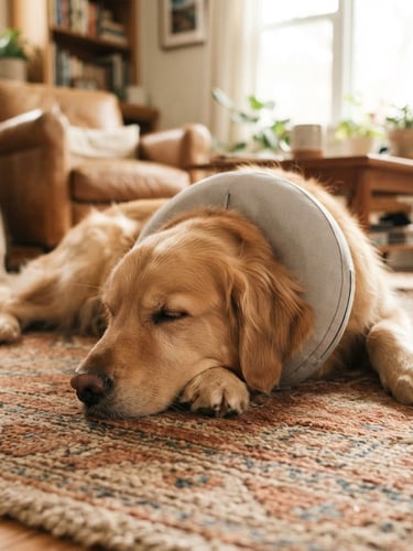 Warm documentary eye-level photograph of a recovering golden retriever resting calmly on a soft rug in a sunlit living room, soft natural window light, shallow depth of field