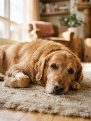 Intimate eye-level portrait of a recovering golden retriever resting in a sunlit living room, soft natural window light, warm paper-like tones, shallow depth of field