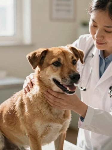 A veterinarian gently examining a calm, healthy mixed-breed dog in a warm, sunlit clinic room, soft natural lighting, documentary style