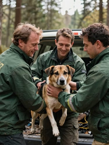 Documentary-style photo of rescue responders in forest-green jackets carefully transferring a dog from a disaster zone to a transport vehicle, soft natural light.